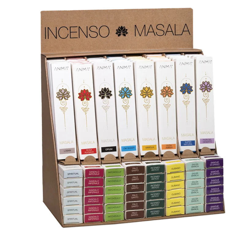 Espositore MASALA in cartone con le fragranze e i refill